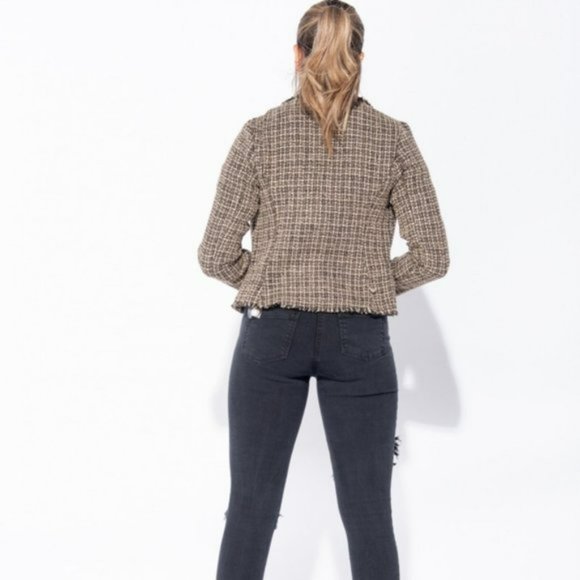 Brown Plaid Check Tweed Long Sleeve Double Breasted Frayed Hem Blazer Jacket - Picture 5 of 9